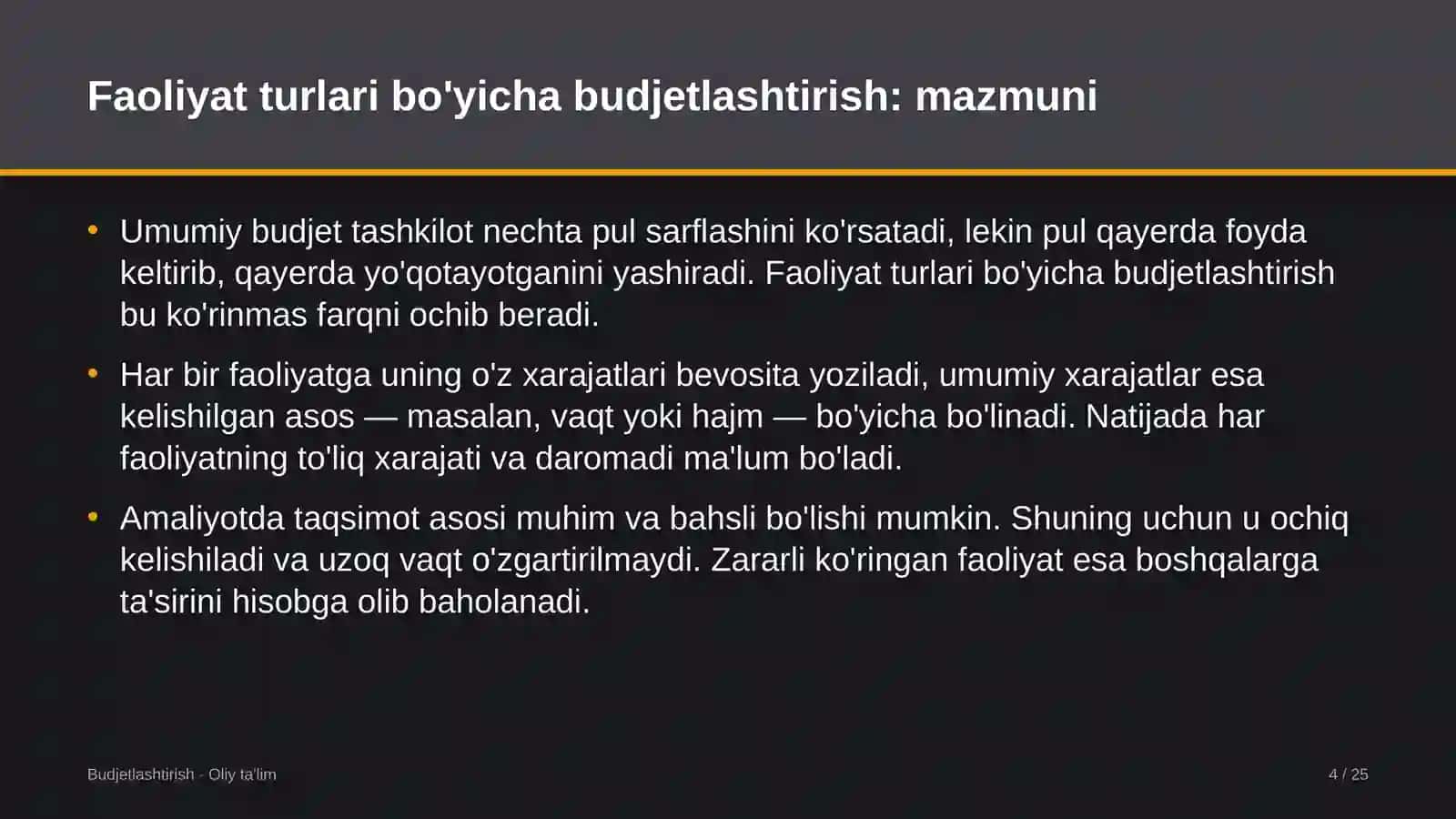Ekoturizmda faoliyat turlari bo'yicha budjetlashtirish 4