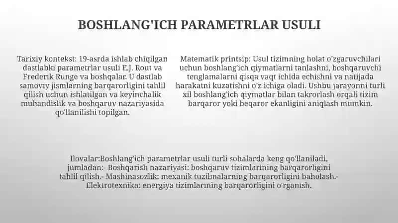 Boshlanĝich Parametrlar Usuli 4