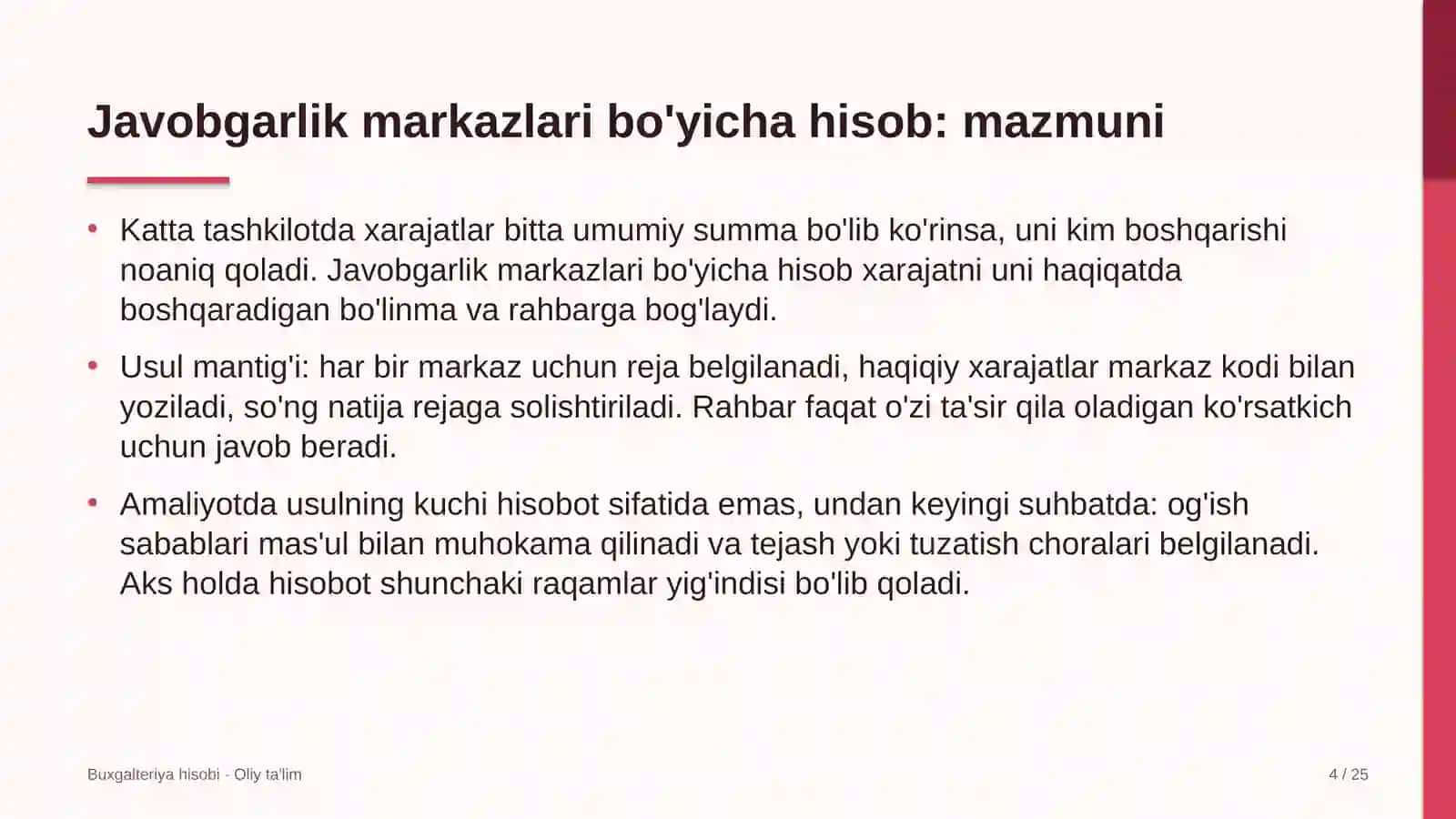 Ko'prik qurilishida xarajatlarni javobgarlik markazlari bo'yicha hisobga olish 4