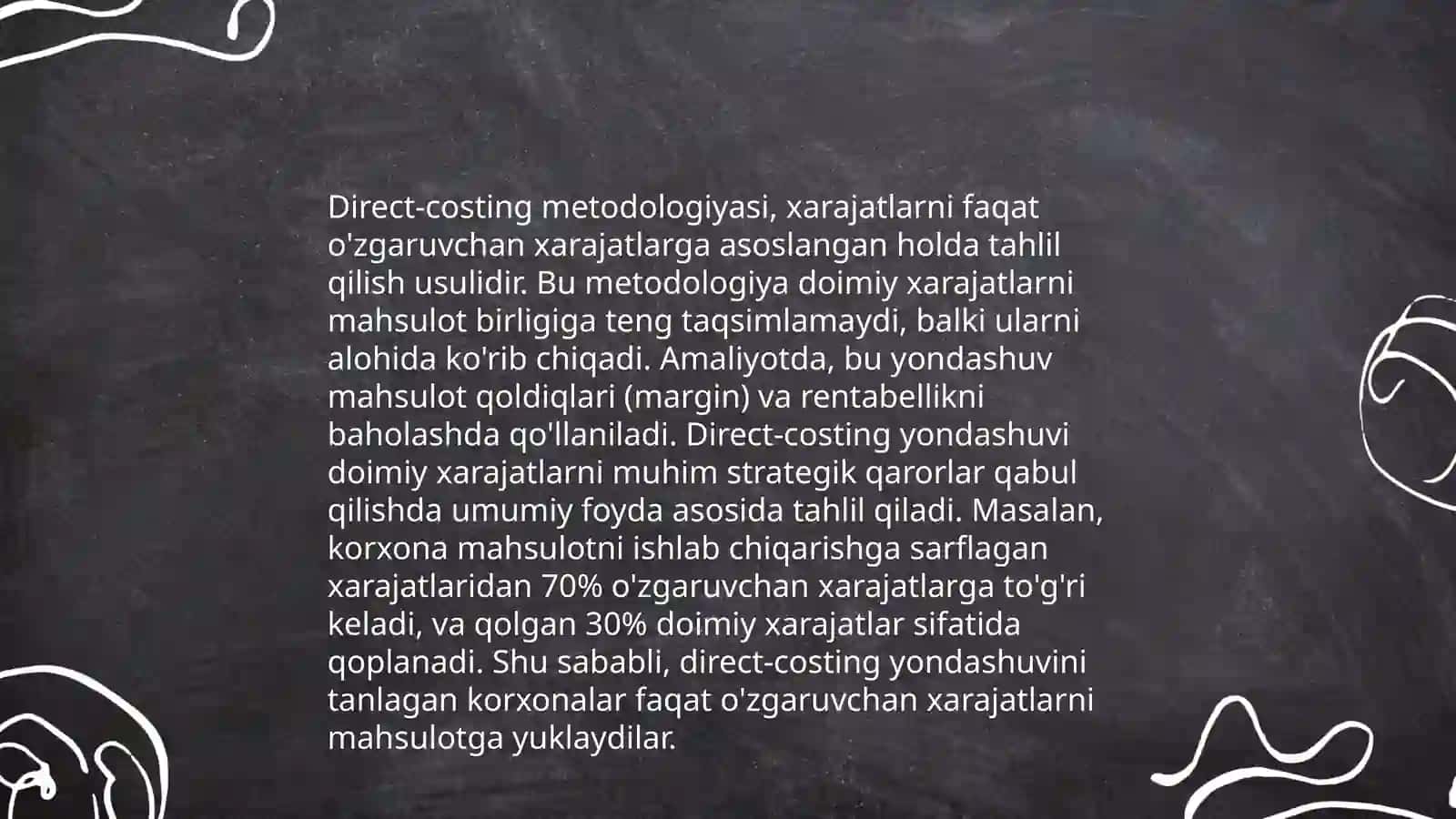 Xarajatlar “Direkt-costing” tizimi boʻyicha baholanish tartibi 4