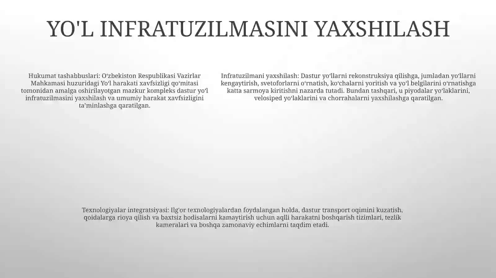 Ўзбекистон Республикаси Йўл Хавфсизлигини Та’minlash Tizimini Yanada Takomillashtirish Chora-Tadbirlari 4