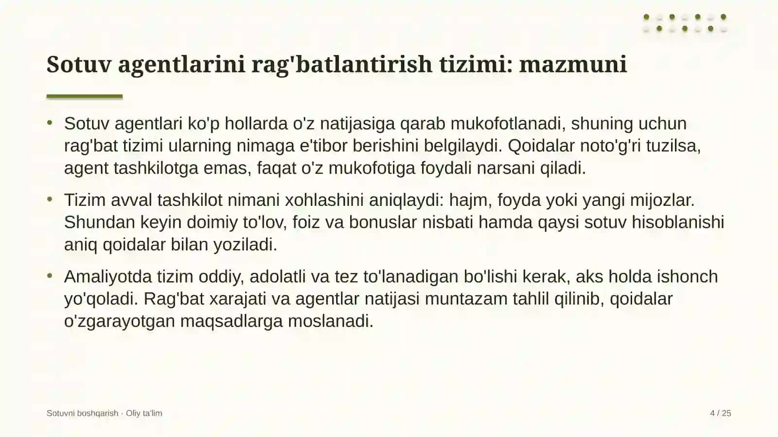 Pillachilikda sotuv agentlarini rag'batlantirish tizimi 4