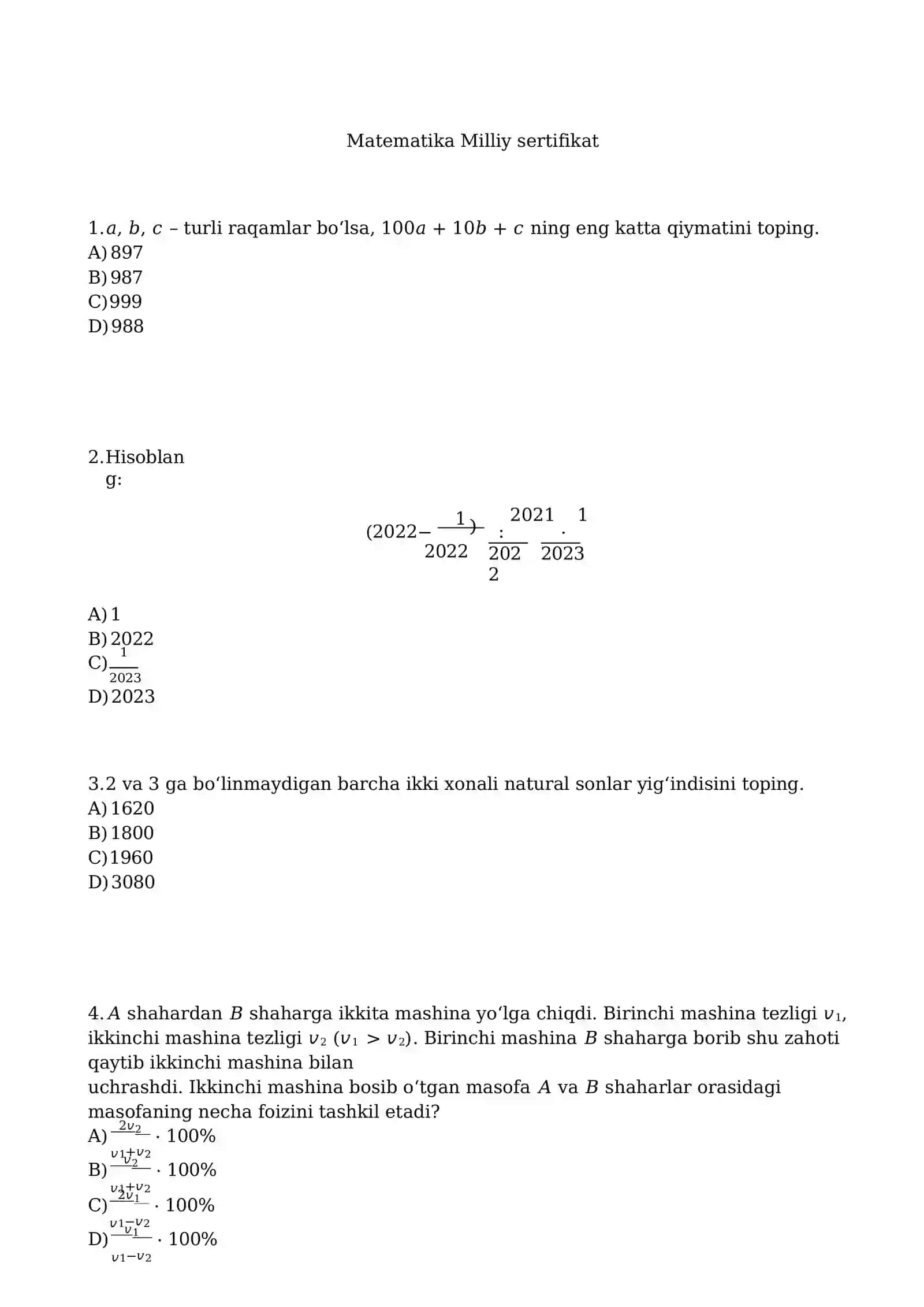 Matematika Milliy sertifikat ATTESTATSIYA 4