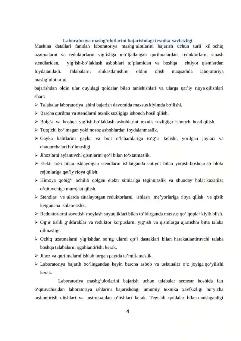 Mashina detallari fanidan laboratoriya mashg'ulotlarini bajarish uchun Uslubiy ko'rsatma 4