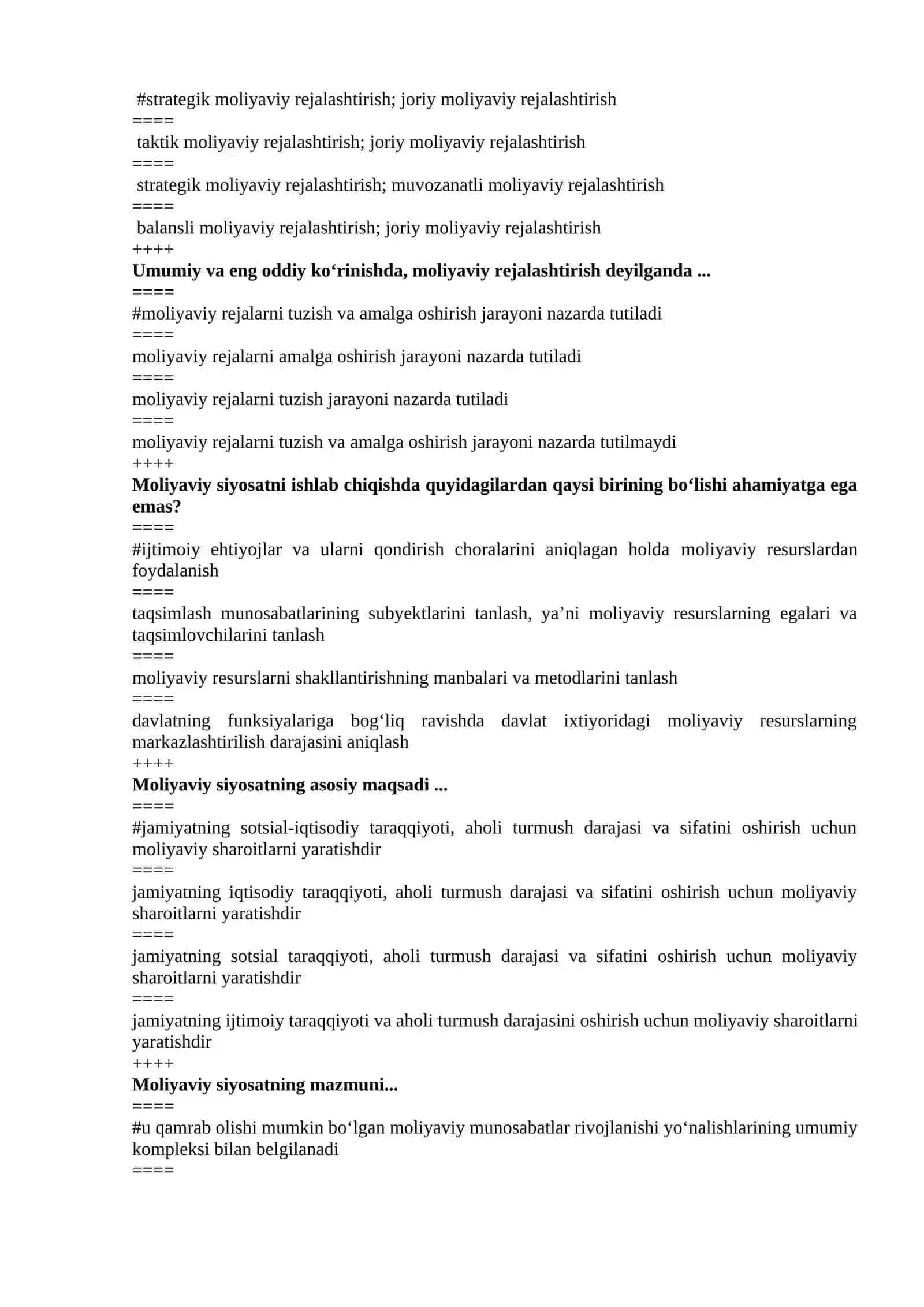 Moliya fanidan test savollari 4