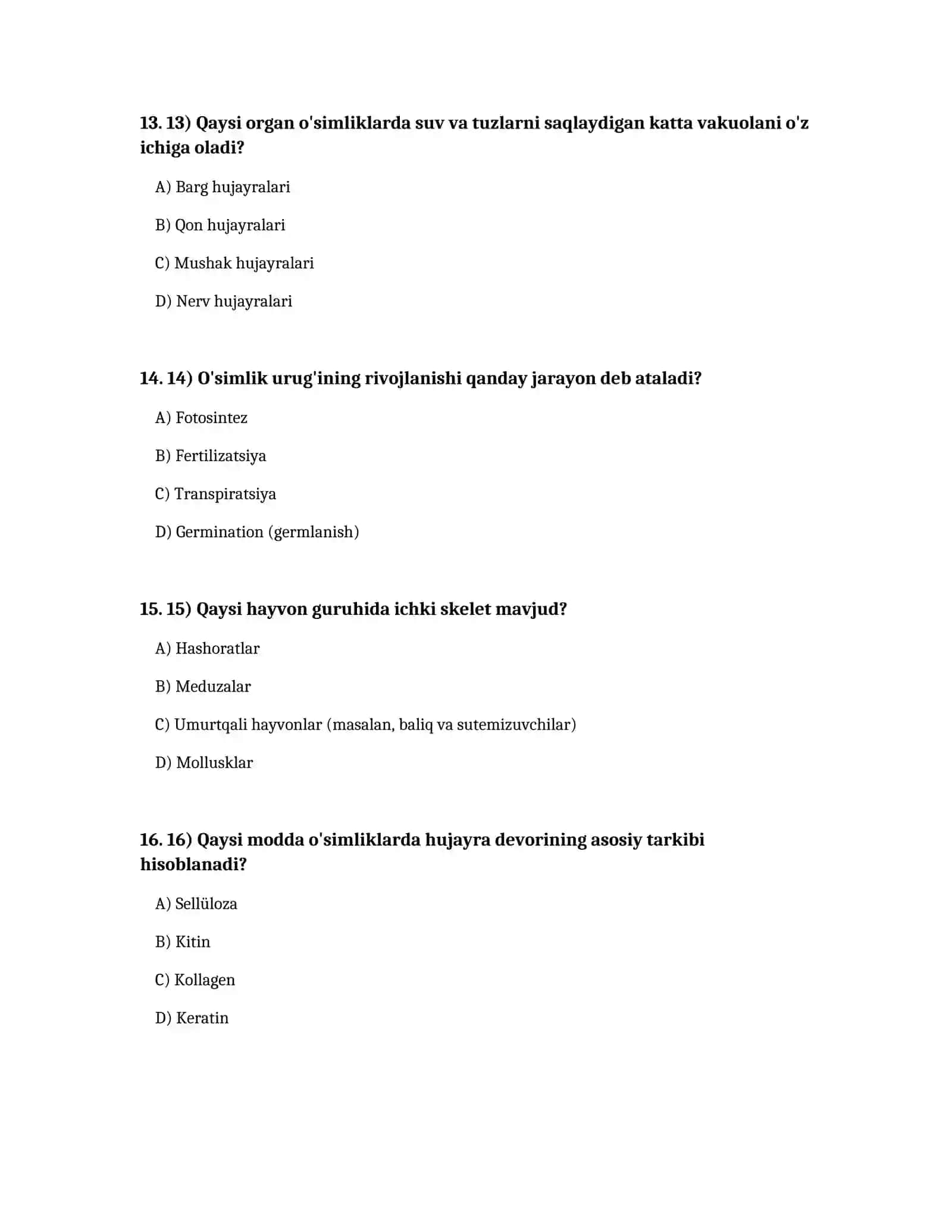 Biologiya sinfi Test savollari 4