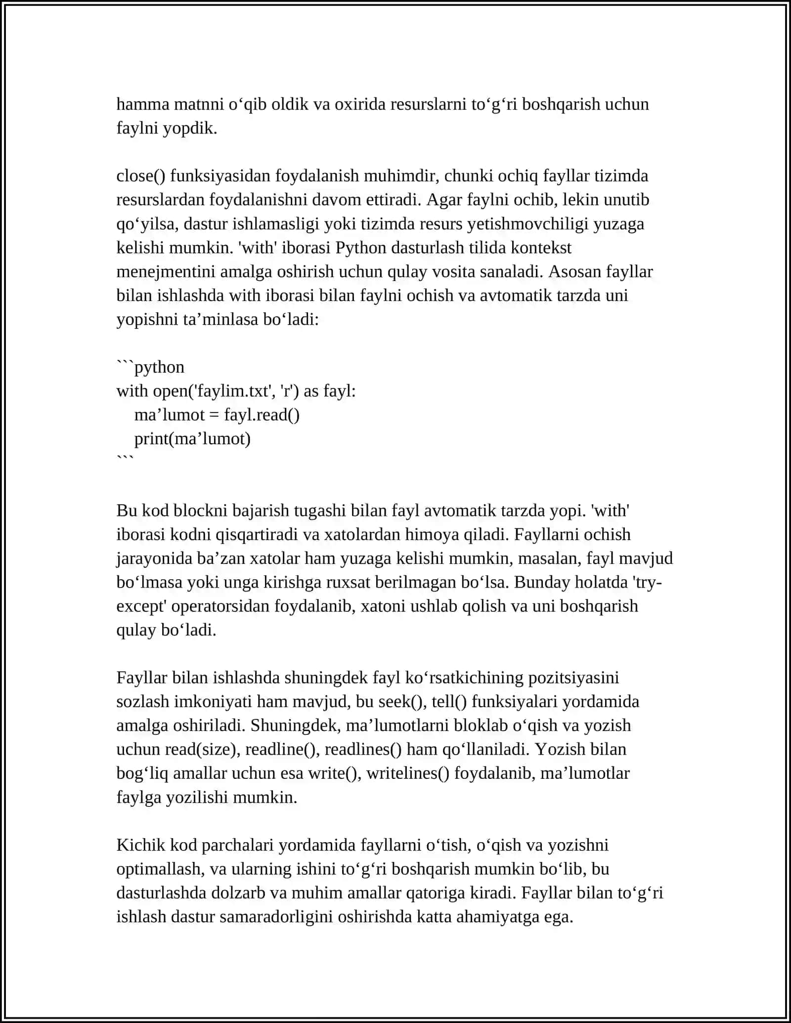 PYTHON DASTURLASH TILIDA FAYLLAR BILAN ISHLASH 4
