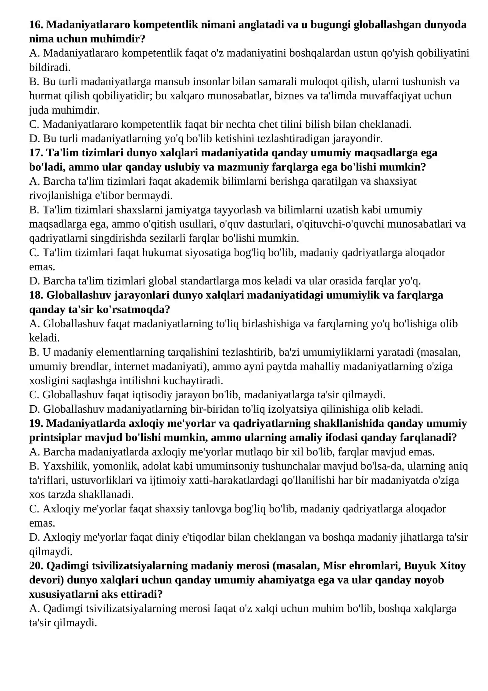 “Dunyo xalqlari madaniyatidagi umumiylik va farqlar” Test 4