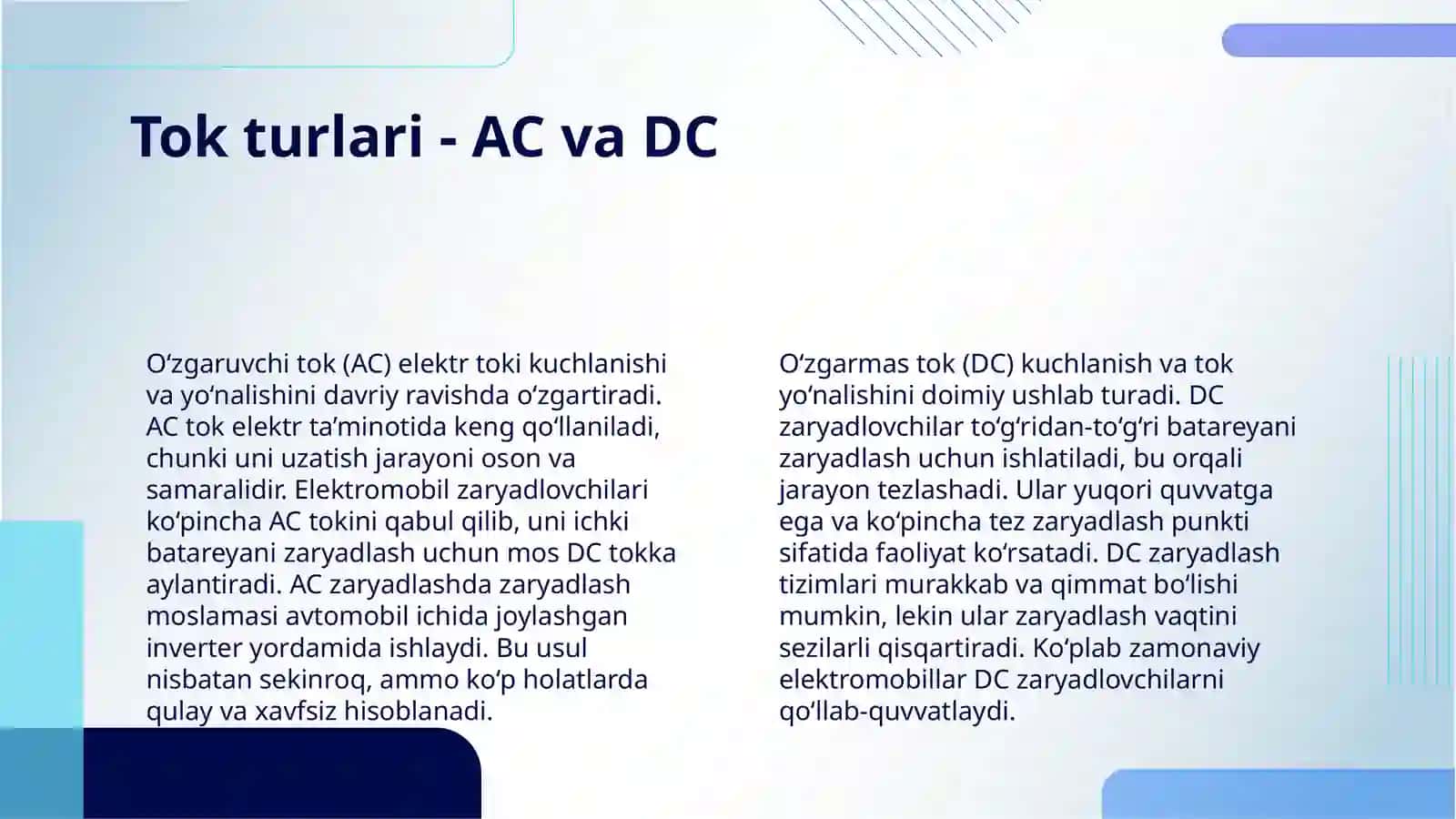 ELEKTROMOBILNING ZARYADLASH USULLARI VA TARTIBI AC VA DC TOK 4