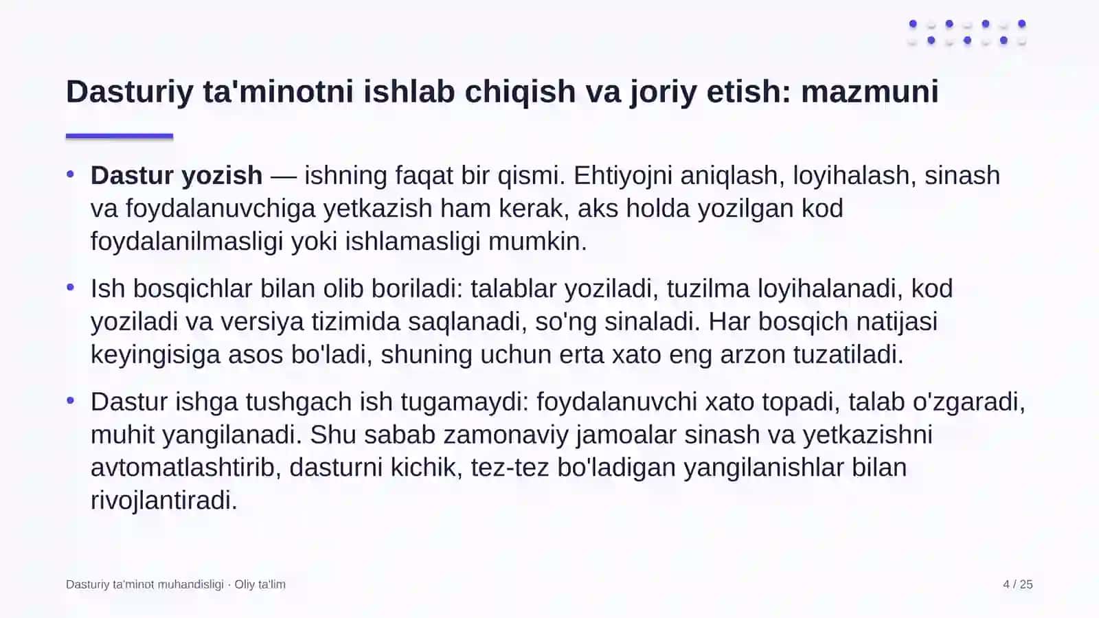 DASTURIY TA'MINOT MUHANDISLIGI · OLIY TA'LIM 4