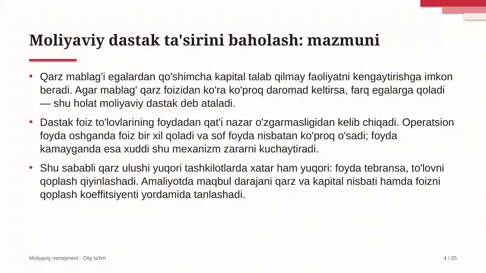 Developerlik kompaniyalarida moliyaviy dastak ta'sirini baholash 4