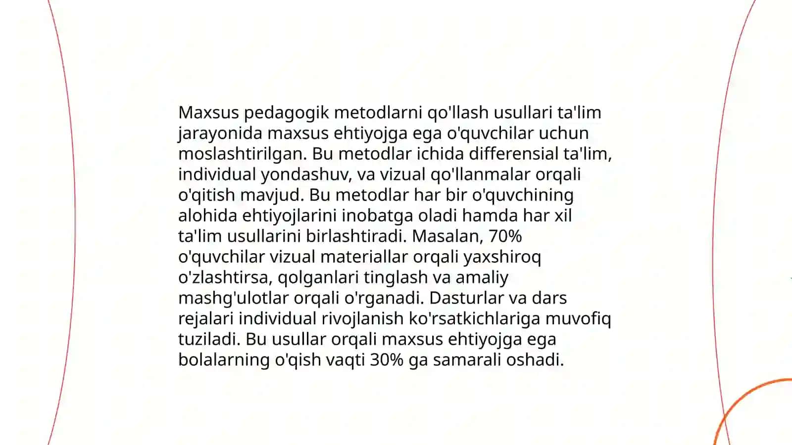 Imkoniyati cheklangan bolalarni o‘qitishda talim metodlari va vositalari talimni tashkil etish shakllari va turlari to‘g‘risida bilimlari berish 4