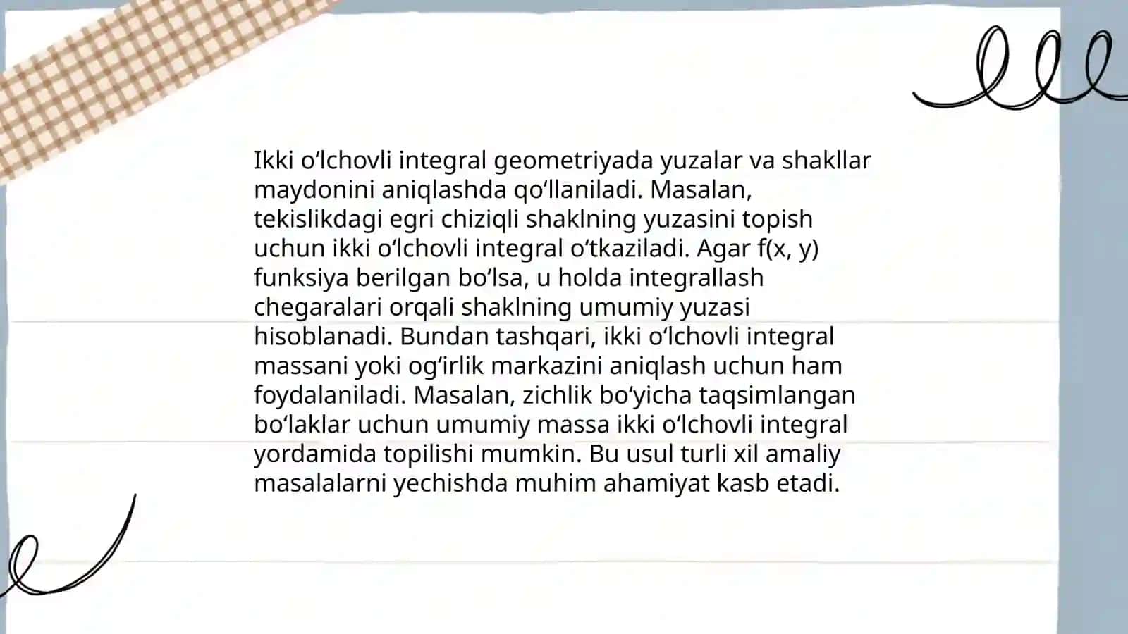 Ikki oʻlchovli integralning tatbiqlari 4
