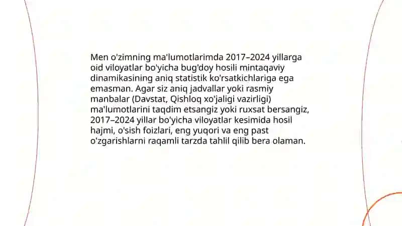 O'zbekiston qishloq xo'jaligi korxonalarida yetishtirilgan bug'doy hajmining 2017-2024 yillarda o'sish dinamikasi tahlili 4