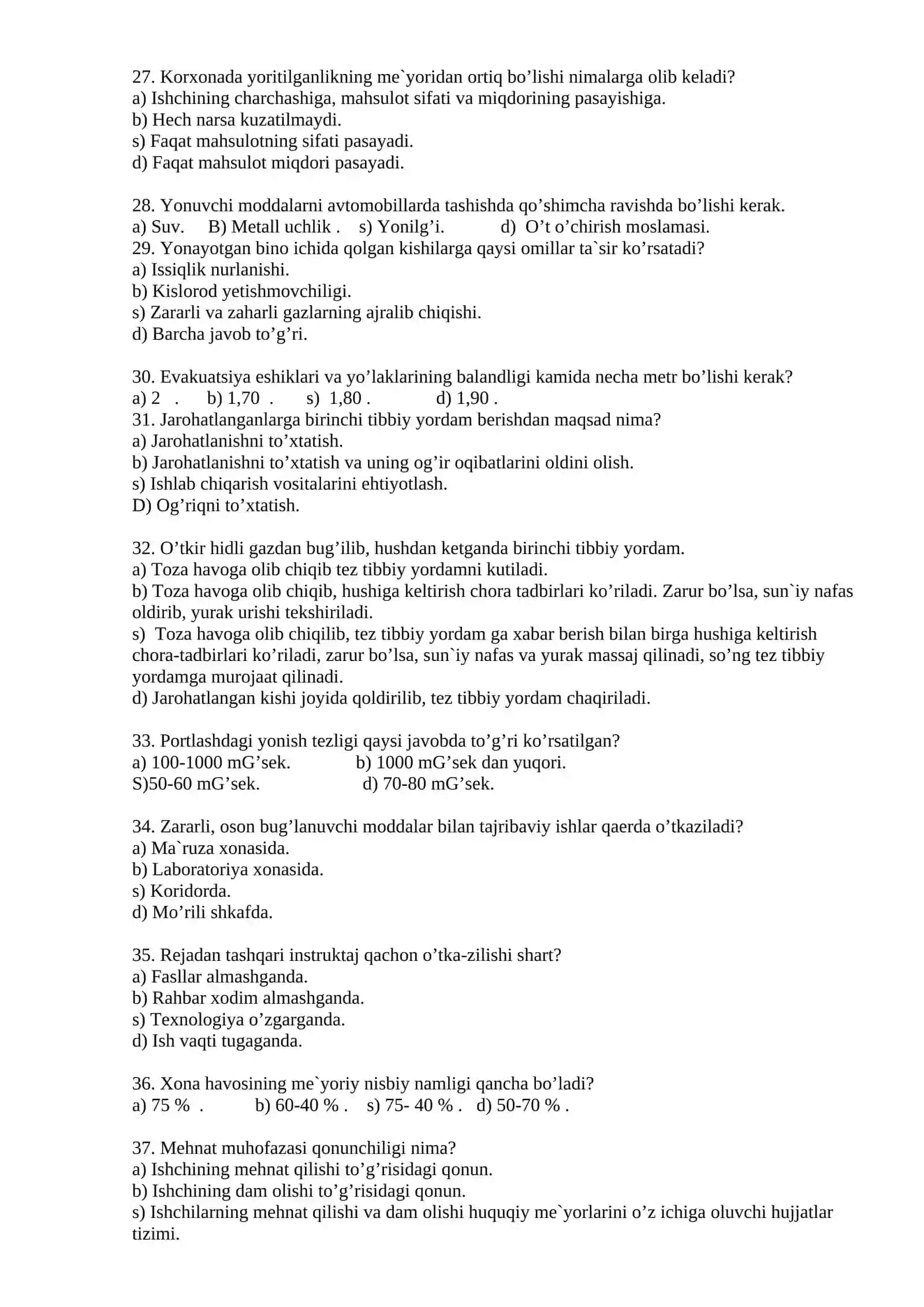 Mehnat muhofazasi va xavfsizlik texnikasi fanidan testlar 4