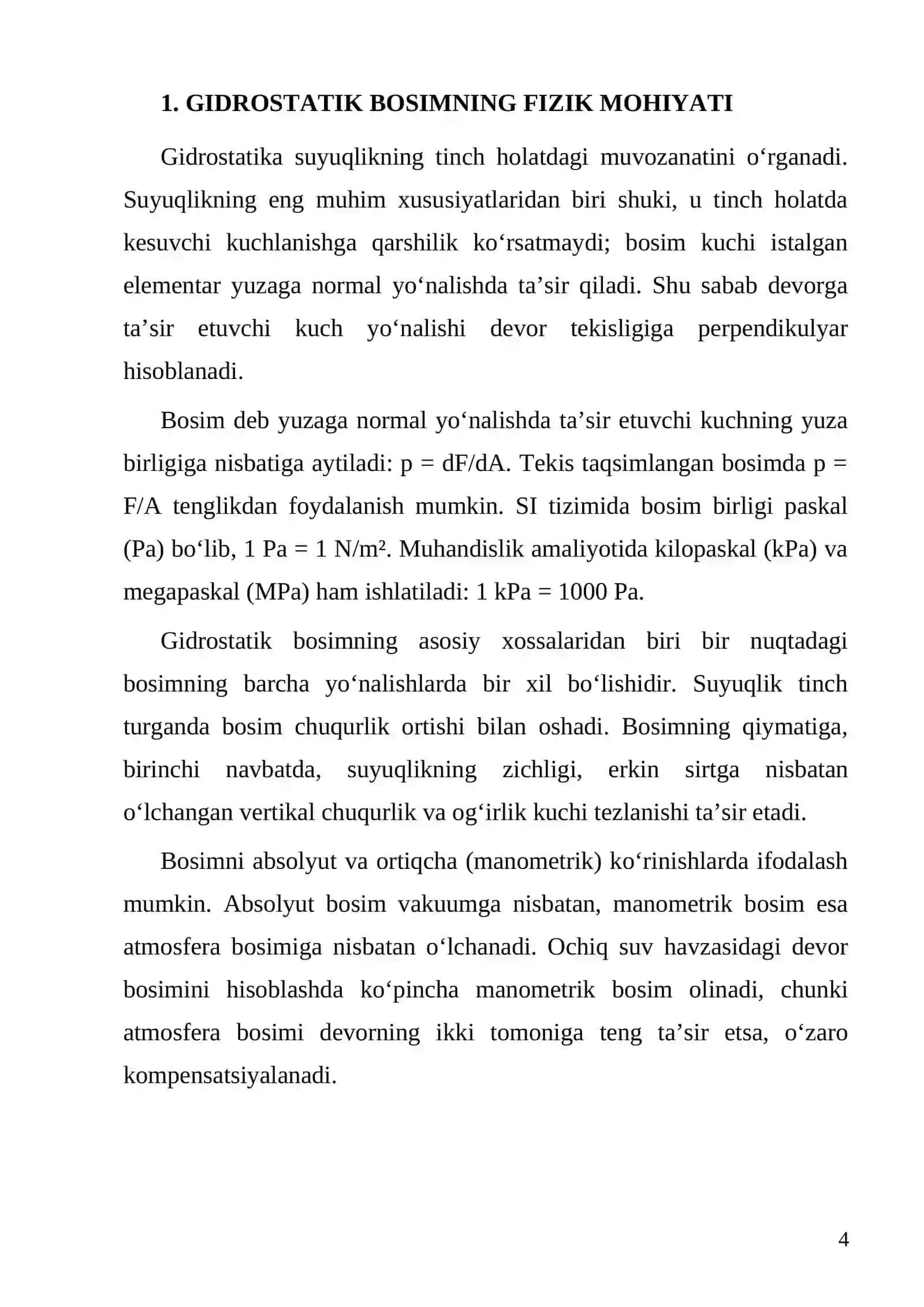MAVZU: SUYUQLIKNING TEKIS DEVORGA BOSIMI. MASALALAR 4