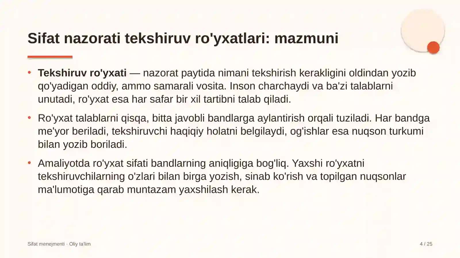 Limonchilikda sifat nazorati tekshiruv ro'yxatlarini ishlab chiqish 4