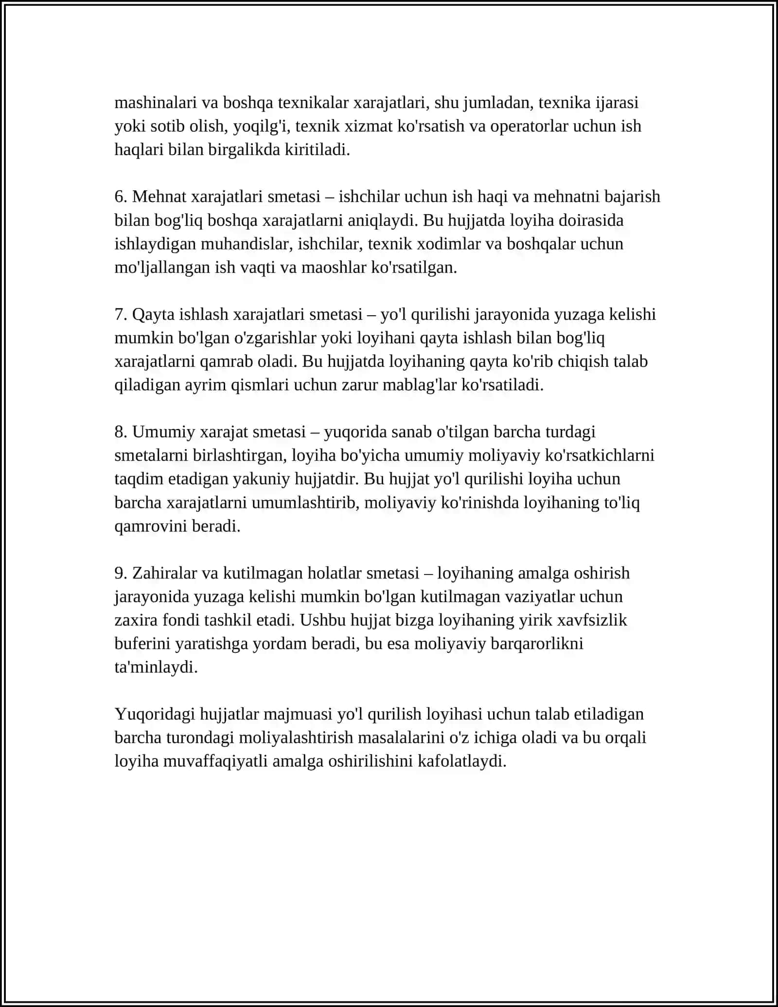 Yo'l qurilishi loyihasi uchun smeta hujjatlari turlari va tarkibi 4