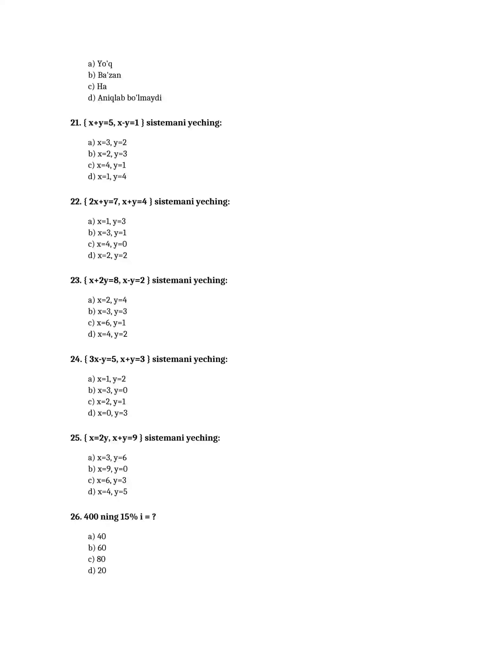 7-SINF MATEMATIKA FANI BO'YICHA TEST SAVOLLARI 4