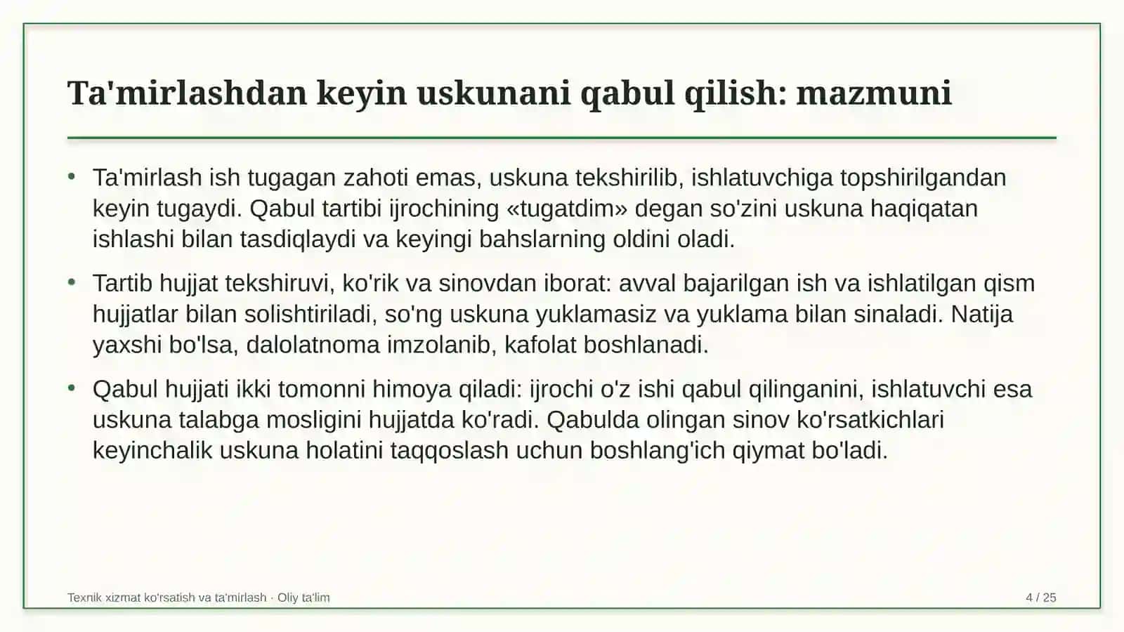 Texnik xizmat ko'rsatish va ta'mirlash · Oliy ta’lim 4