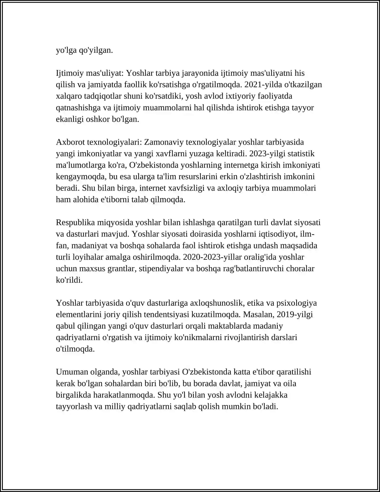 MUSTAQIL ISH Mavzu: YOSHLAR TARBIYASI 4