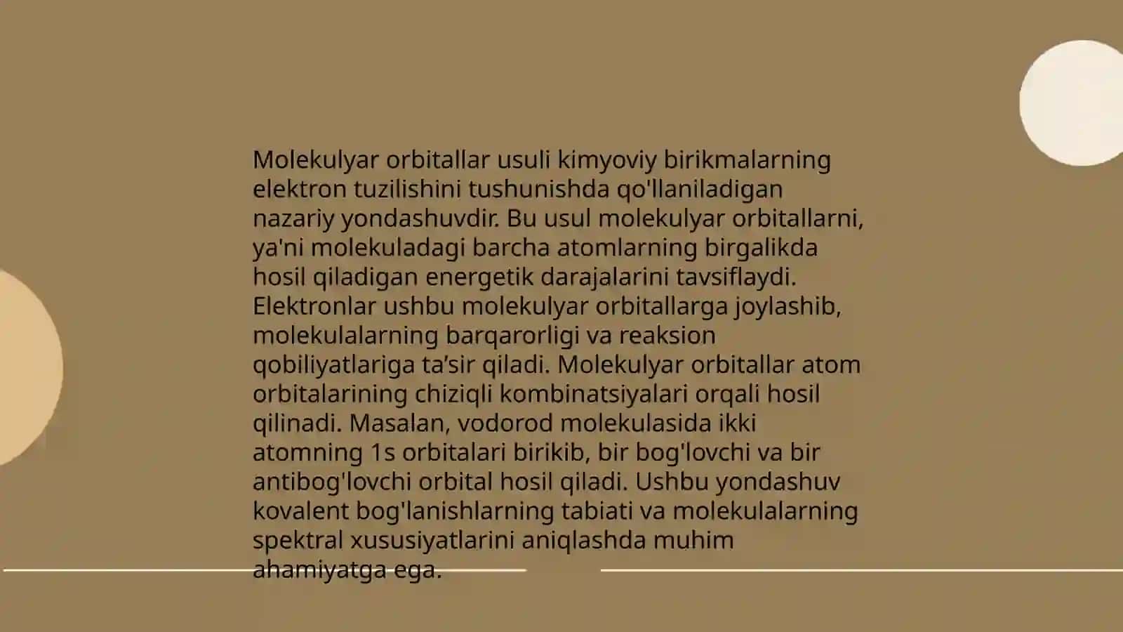Valent bog'lar nazariyasi. Molekulyar orbitallar usuli. Geteroatomli molekulalarning xosil bolishini MO usulida organish 4