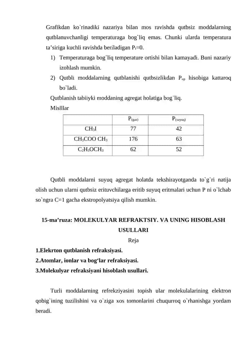 Molekulalarning tashqi elektr maydonidagi qutublanuvchanligi 4