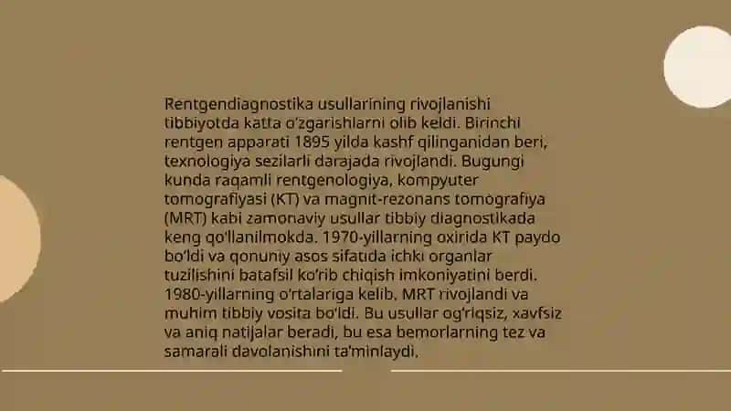 Rentgen nurlarining o'rganish tarixi, suyak va bog'imlar rivojlanishiga rentgen nurlari yordamida o'rganish. Rentgenoanatomiyada yangi texnologiyalar 4
