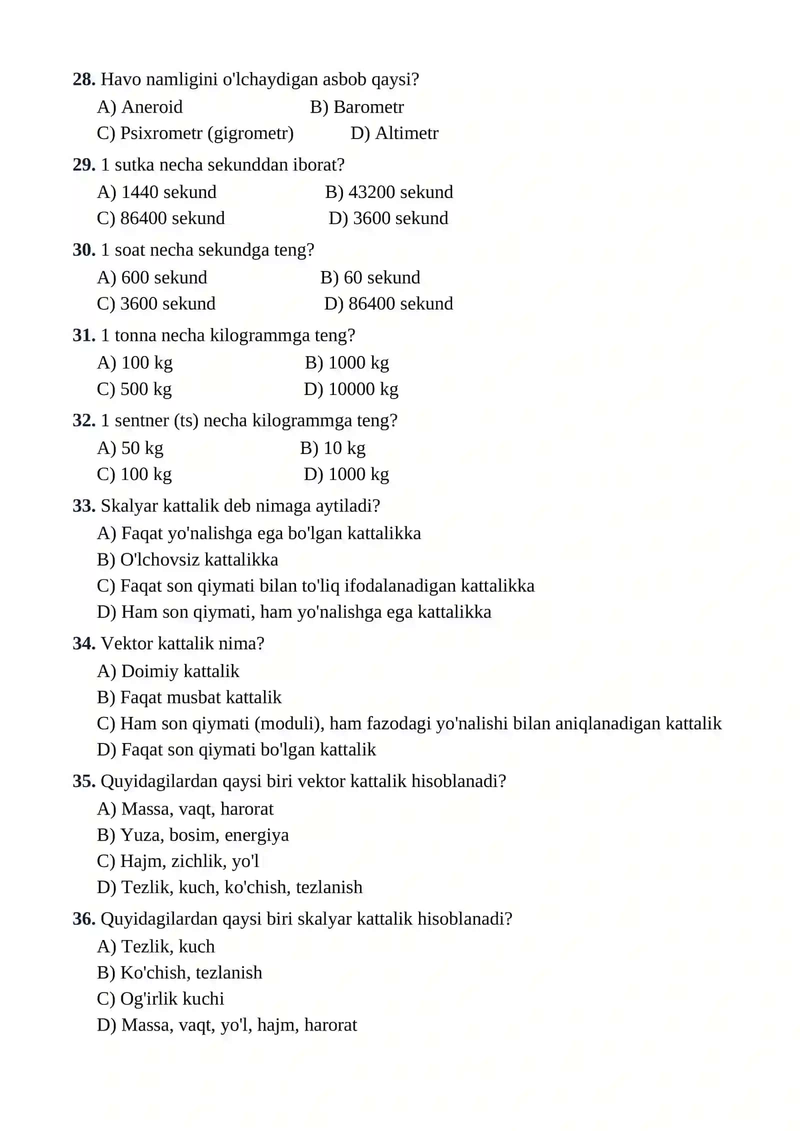 7-SINF FIZIKA FANIDAN TESTLAR TO'PLAMI 4