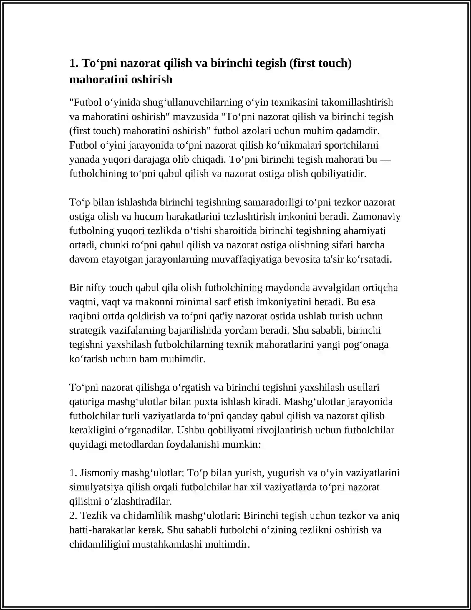 FUTBOL O‘YINIDASHUG‘ULLANUVCHILARNINGO‘YIN TEXNIKASINITAKOMILLASHTIRISH VAMAHORATINI OSHIRISH 4