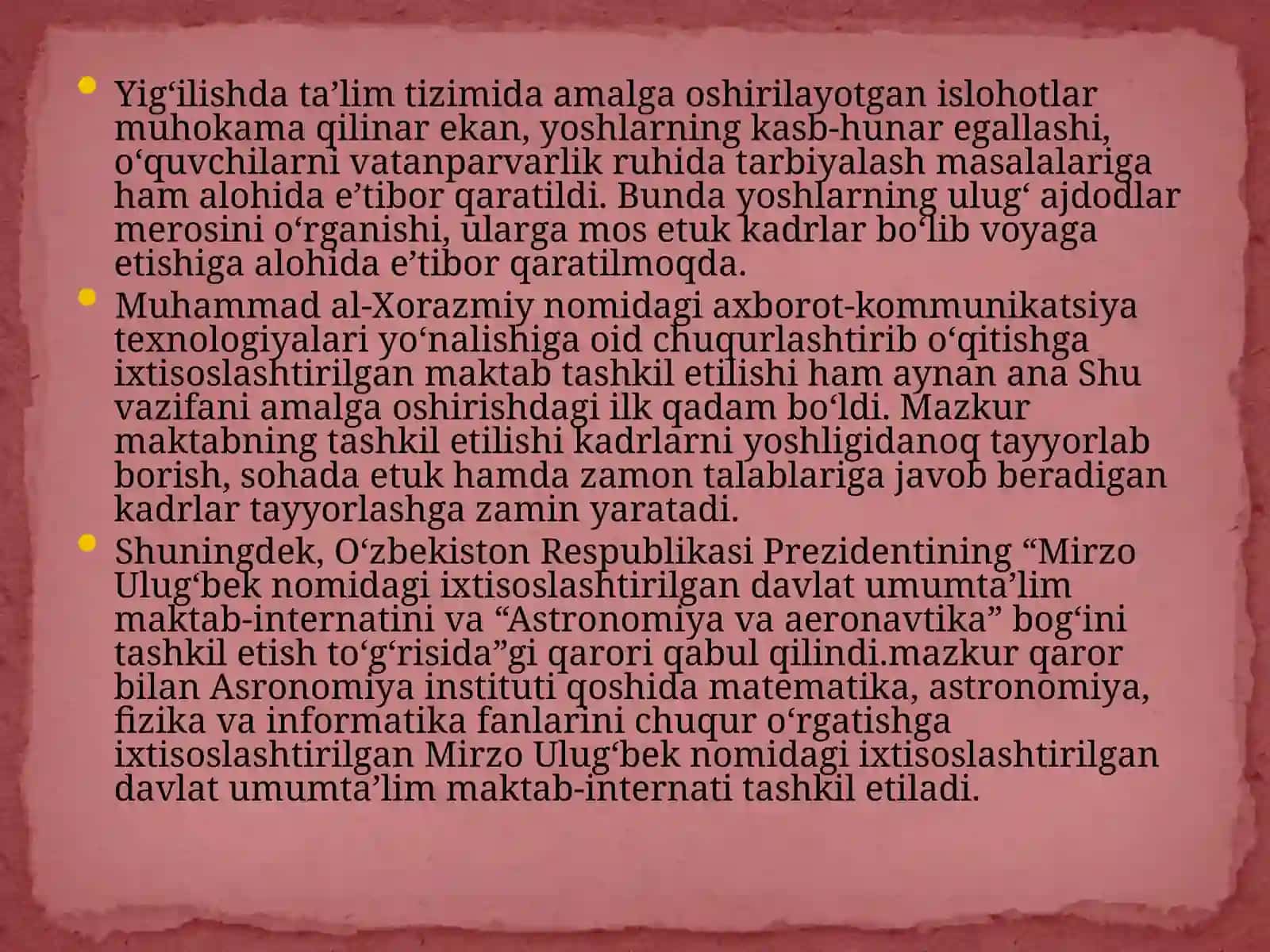 O‘zbekiston Respublikasi rivojining yangi bosqichida ta’lim-tarbiya islohotlari: Sh.M.Mirziyoyevning ta’lim-tarbiyaga oid fikrlari 4