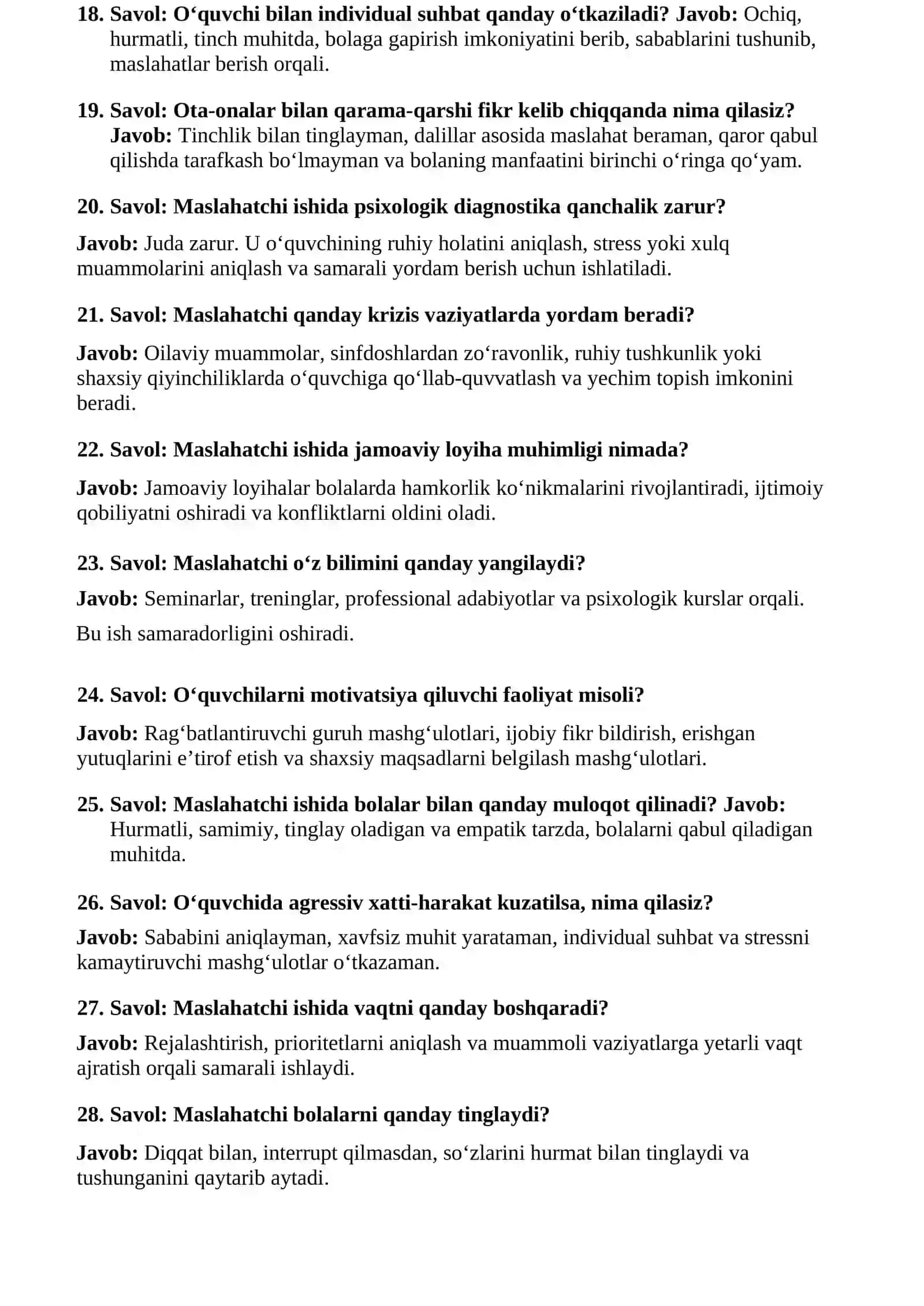 maktab maslahatchisi suhbat uchun savol javob to'plami. 4