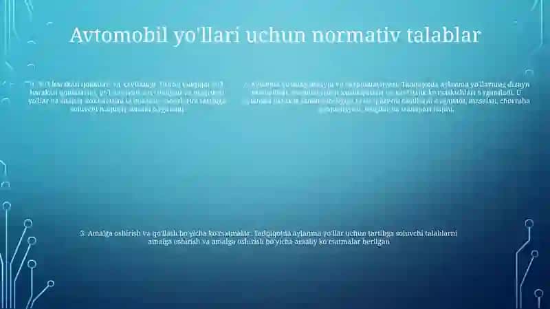 Avtomobil Yo'Llari Va Shahar Ko'Chalarida Aylanma Harakatni Tashkil Etishga Qo'Yilgan Me'Yoriy Talablarni O'Rganish 4