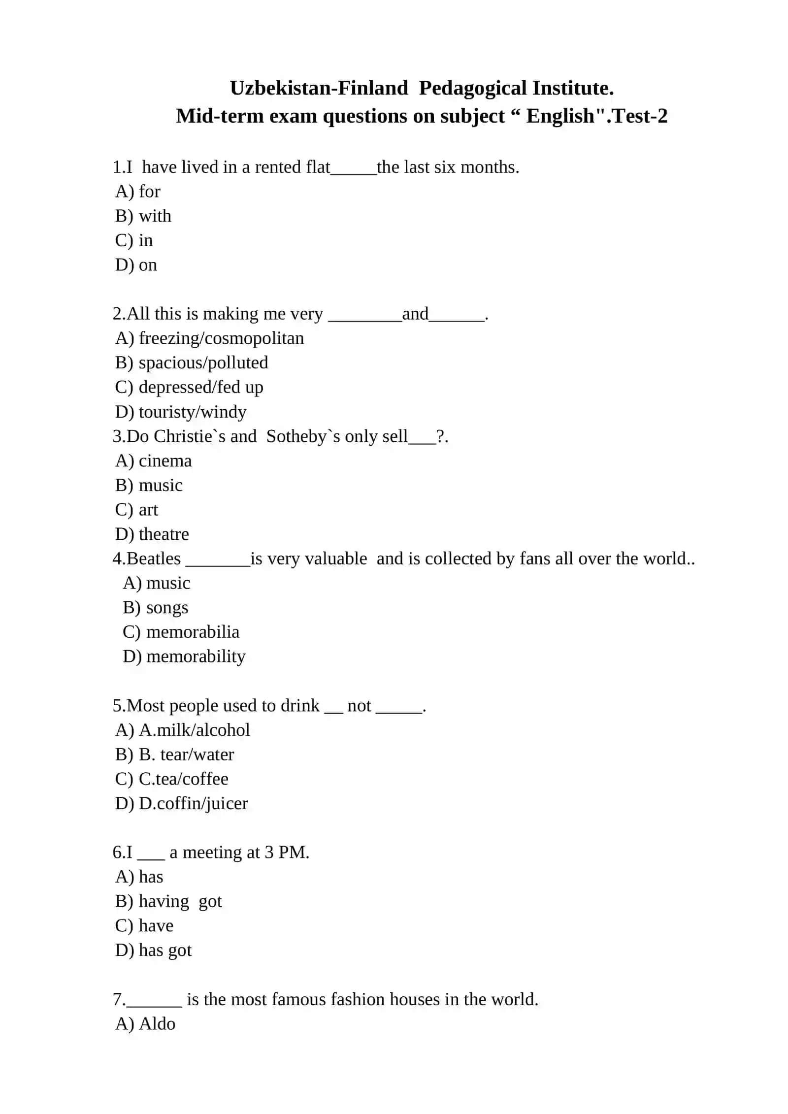 Mid-term exam questions on subject “ English".Test-1 4