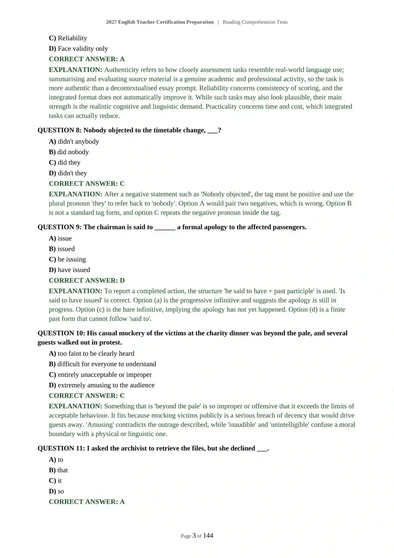 2027 English Teacher Certification Preparation | Reading Comprehension Tests 4