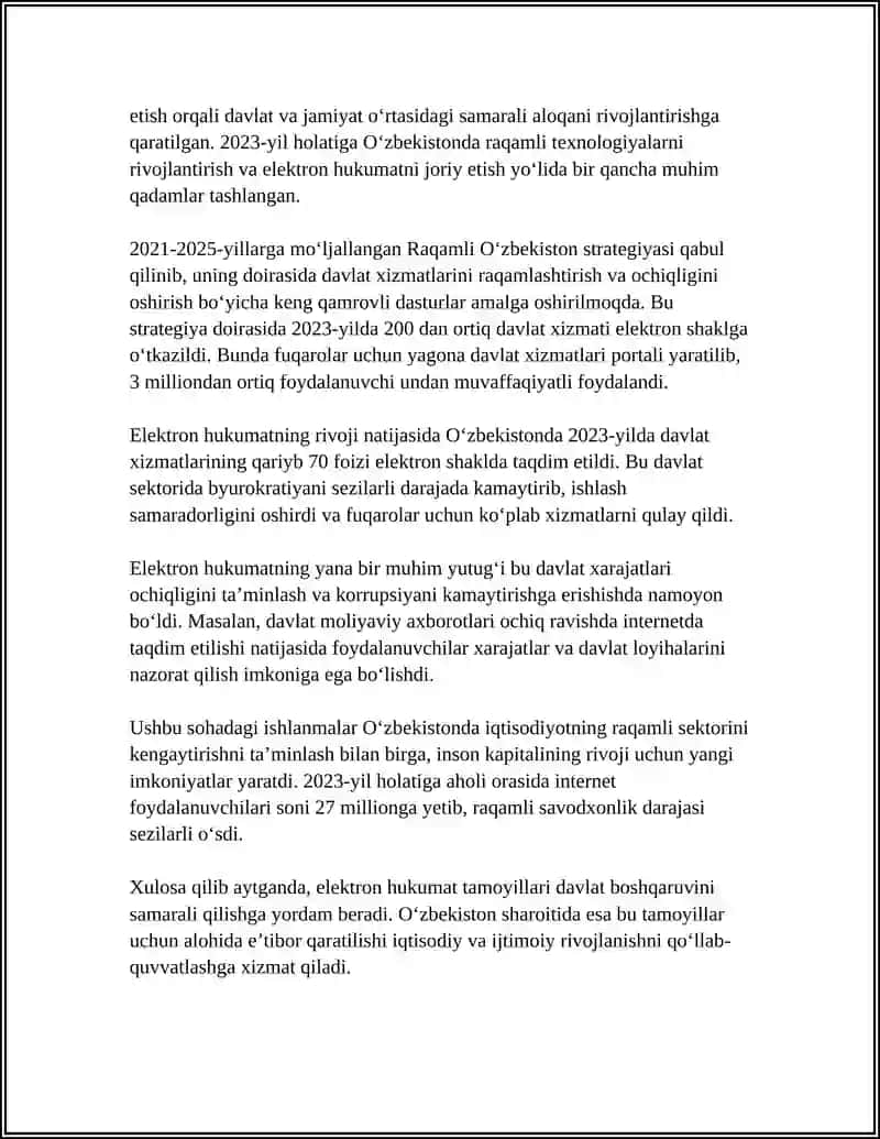 O‘ZBEKISTONDA ELEKTRON HUKUMATNI JORIY ETISH VA RIVOJLANTIRISH YO’LLARI 4