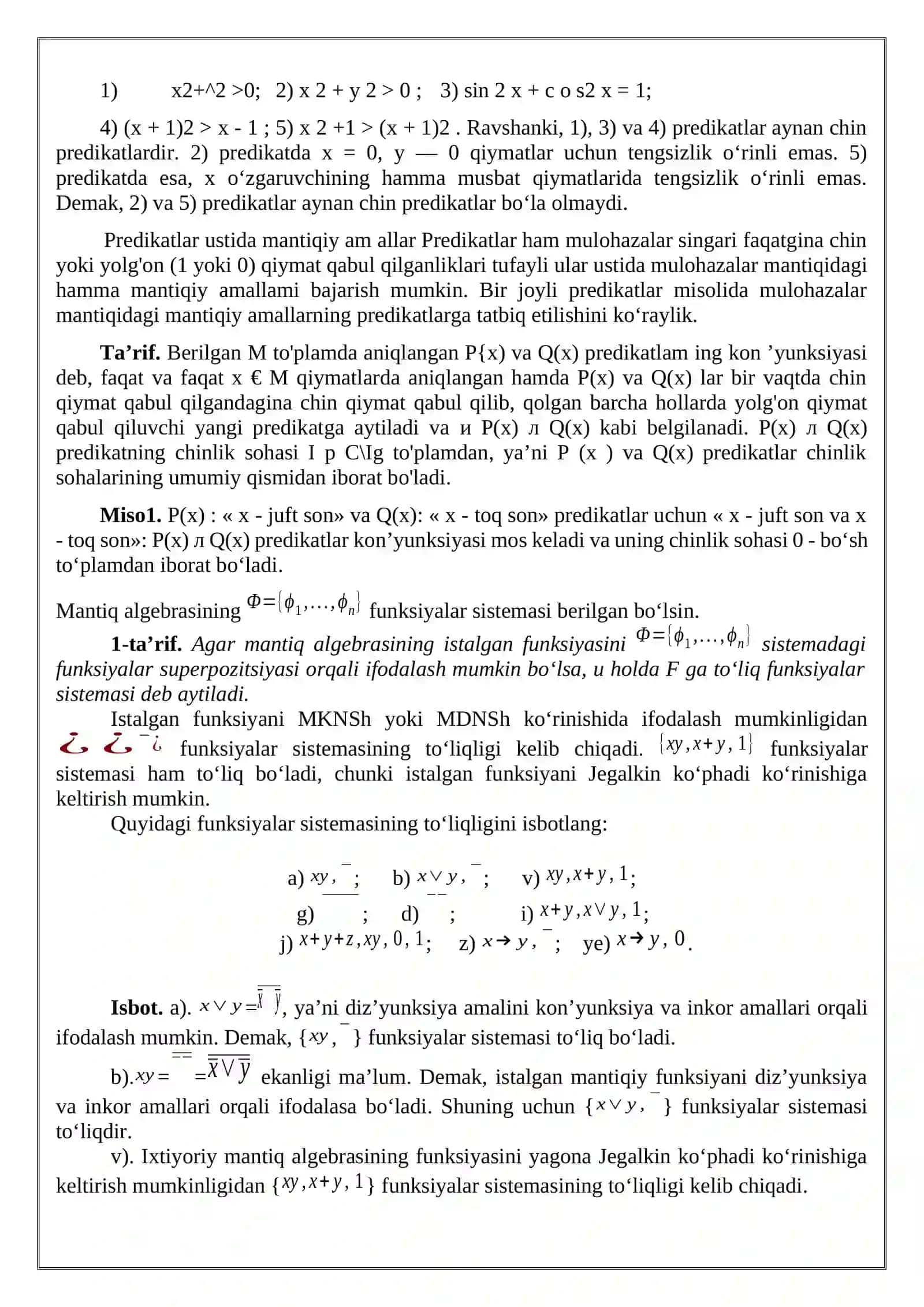 Elementar formulalar. Kvantorlar. Predikatlar mantiqining alfaviti. Formula ta’rifi 4