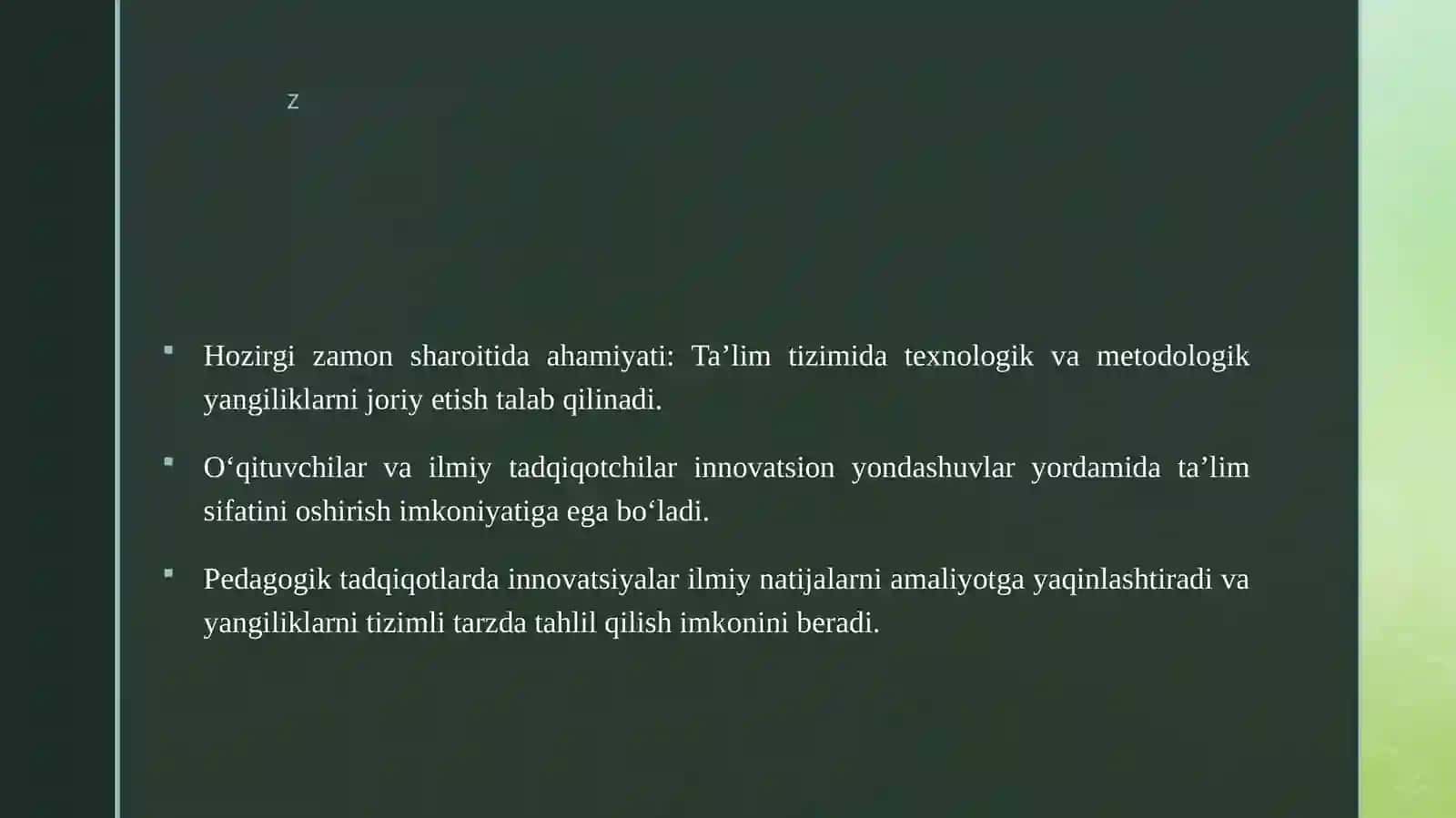 NOVATSIYA VA INNAVATSIYALAR HOZIRGI ZAMON ILMIY TADQIQOTLARNING TARKIBIY QISMI SIFATIDA. NOVATSIYA VA INNAVATSIYALAR HOZIRGI ZAMON PEDAGOGIK ILMIY TADQIQOTLARNING MUHIM TARKIBIY QISMI SIFATIDA. 4