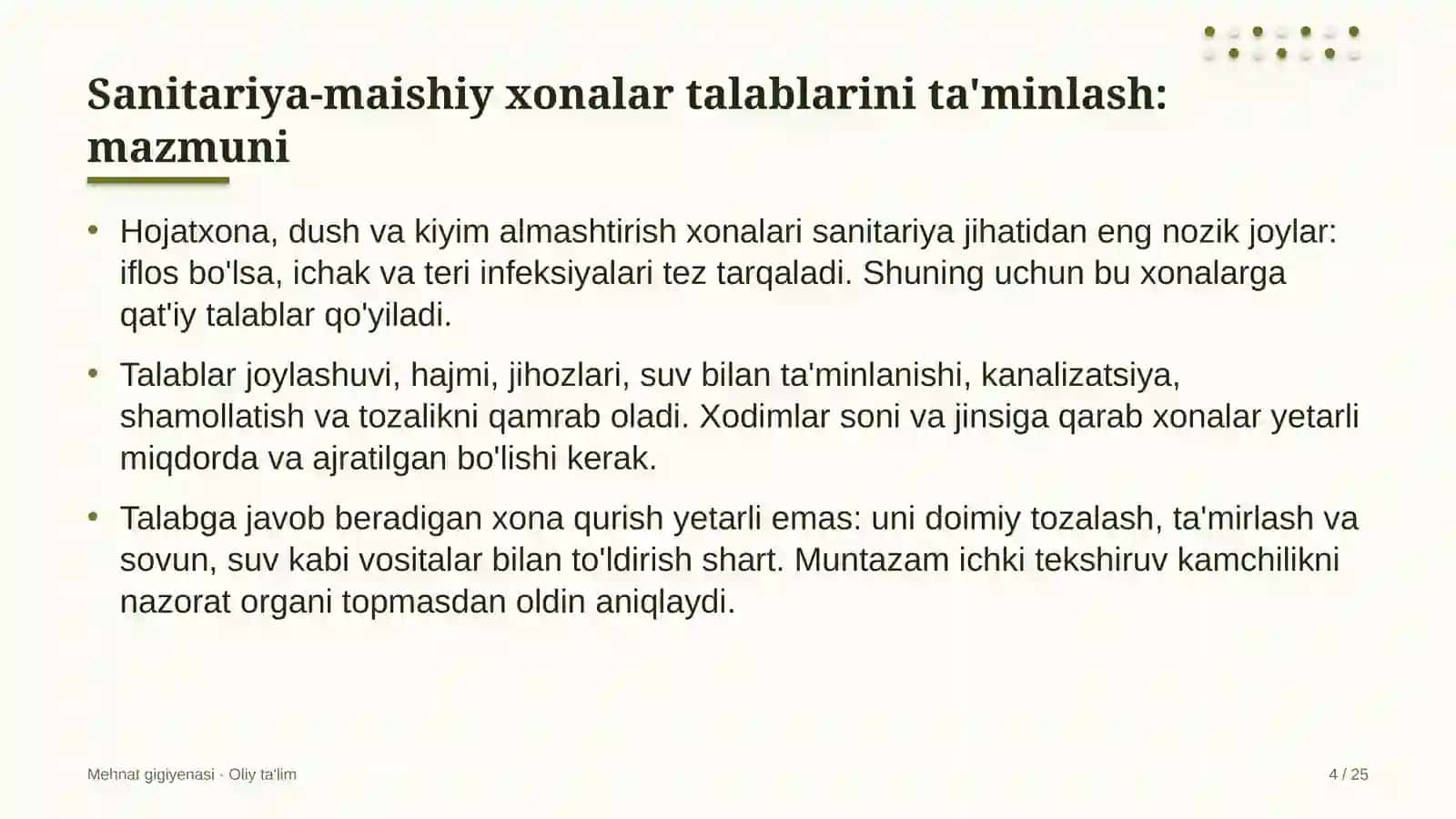 Sanitariya-maishiy xonalar talablarini ta'minlash 4