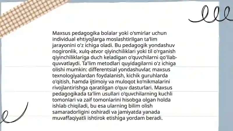 Imkoniyati chek-langan bolalarini o‘qitishda ta’lim metodlari va vosi-talari, ta’limni tashkil etish shakllari va turlari to‘g‘-risida bilim-larni berish 4