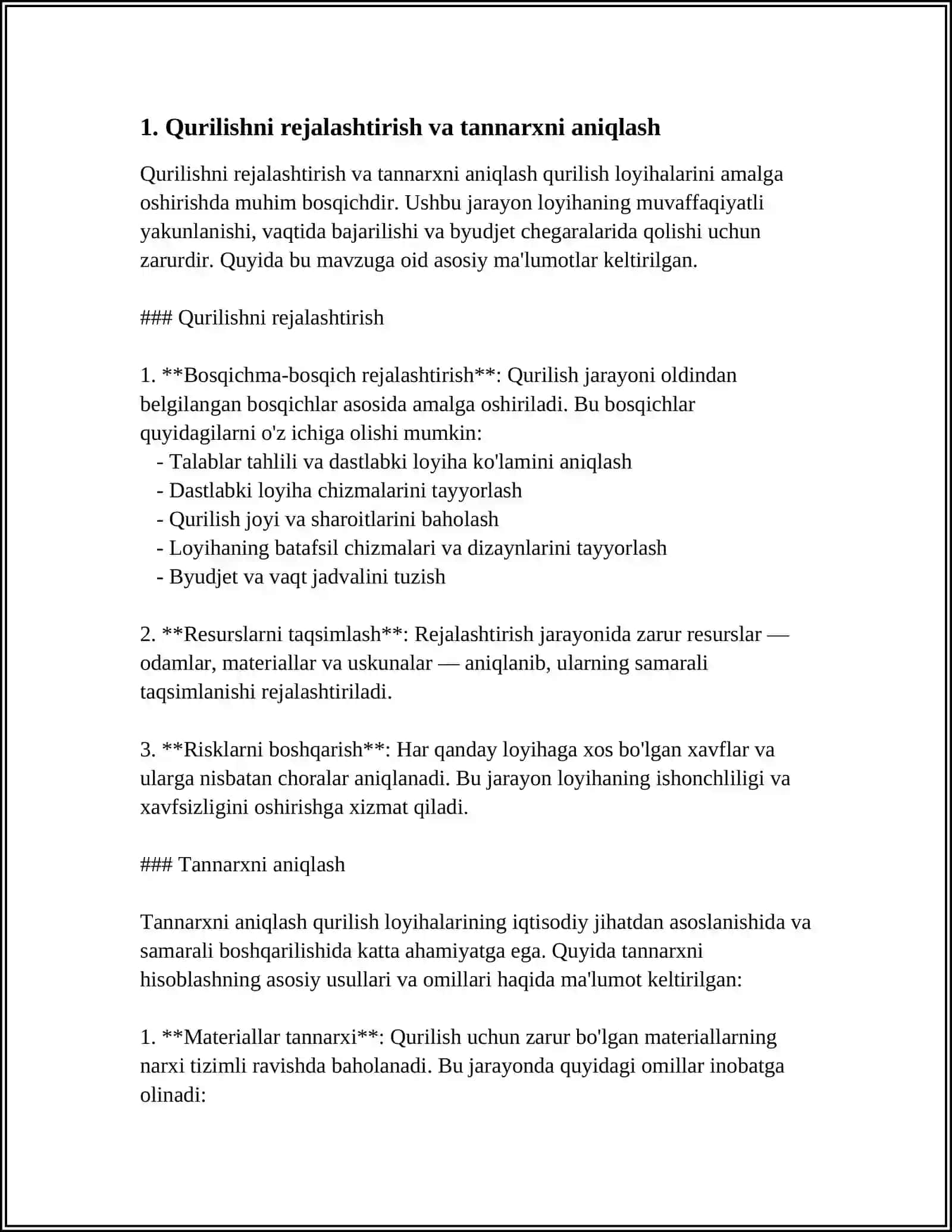 QURILISH MAHSULOTINING TANNARXI, FOYDA VA RENTABELLIK 4