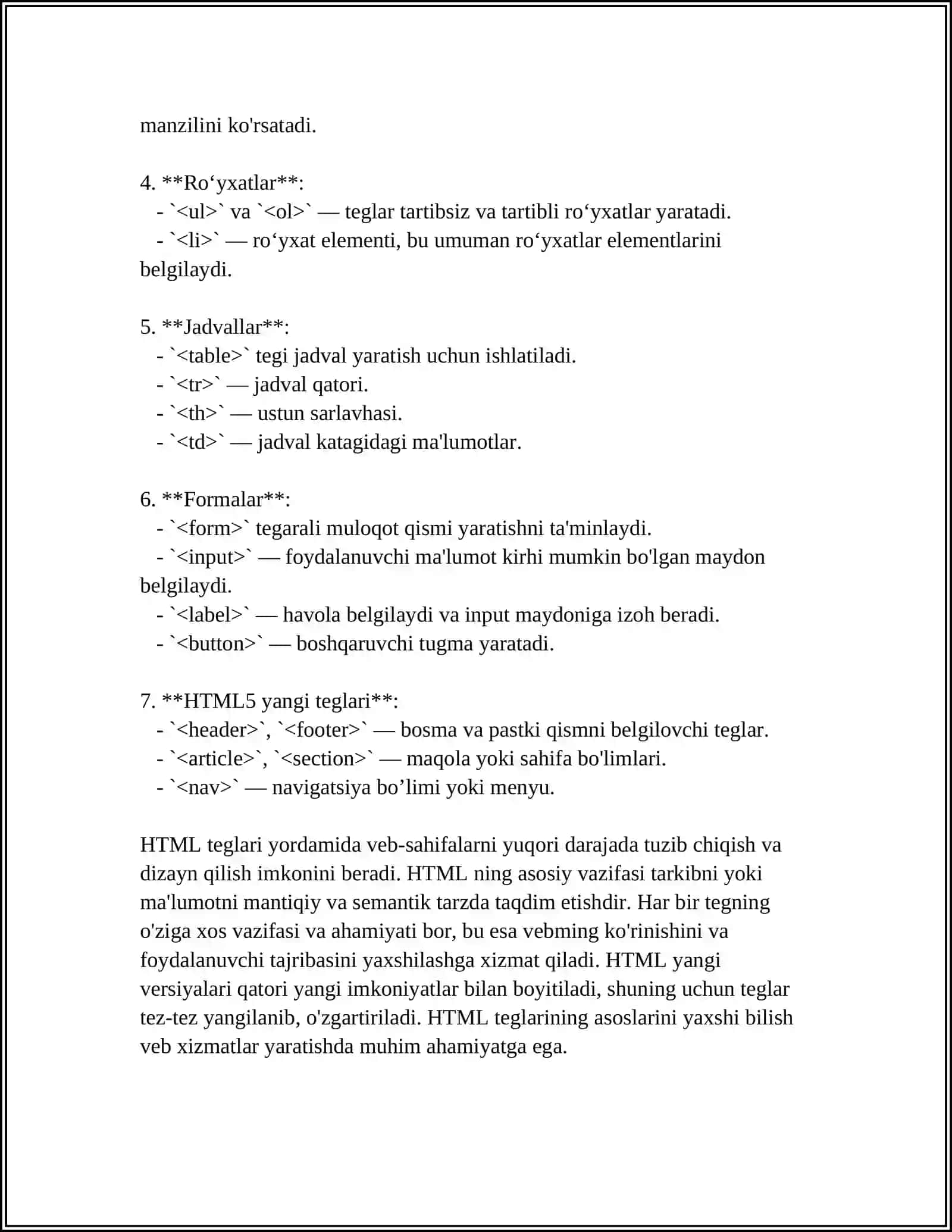 HTML TEGLAR, HTML JADVALLARI, HTML ROHATLARI NIMA 4