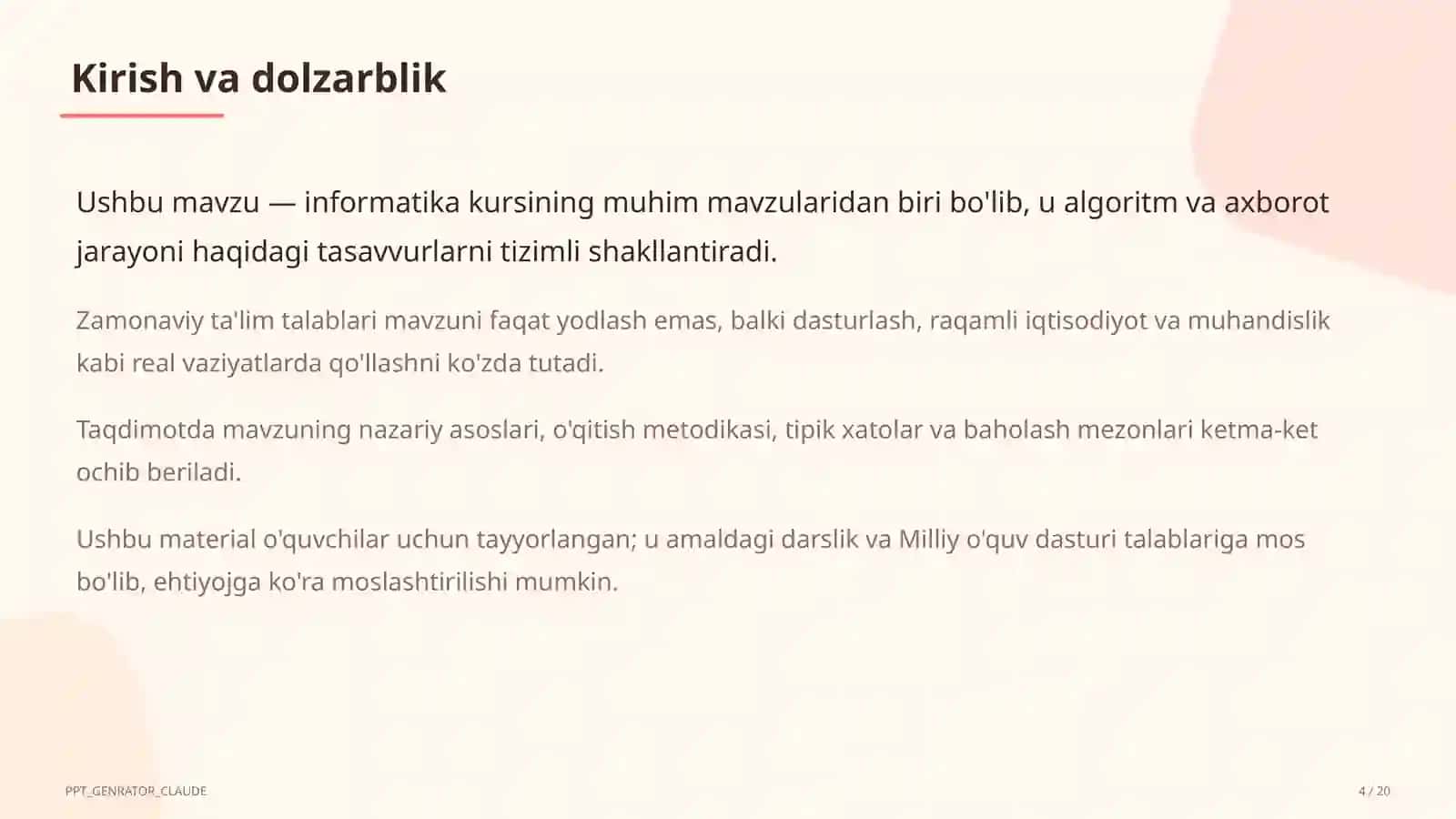 Algoritmlarning turlari: chiziqli, tarmoqlanuvchi, takrorlanuvchi (8-sinf) 4