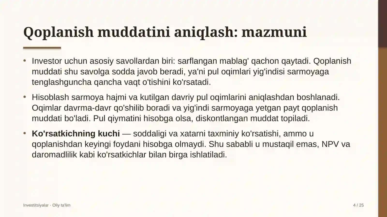 Butik-mehmonxonalarda investitsiyalarning qoplanish muddatini aniqlash 4