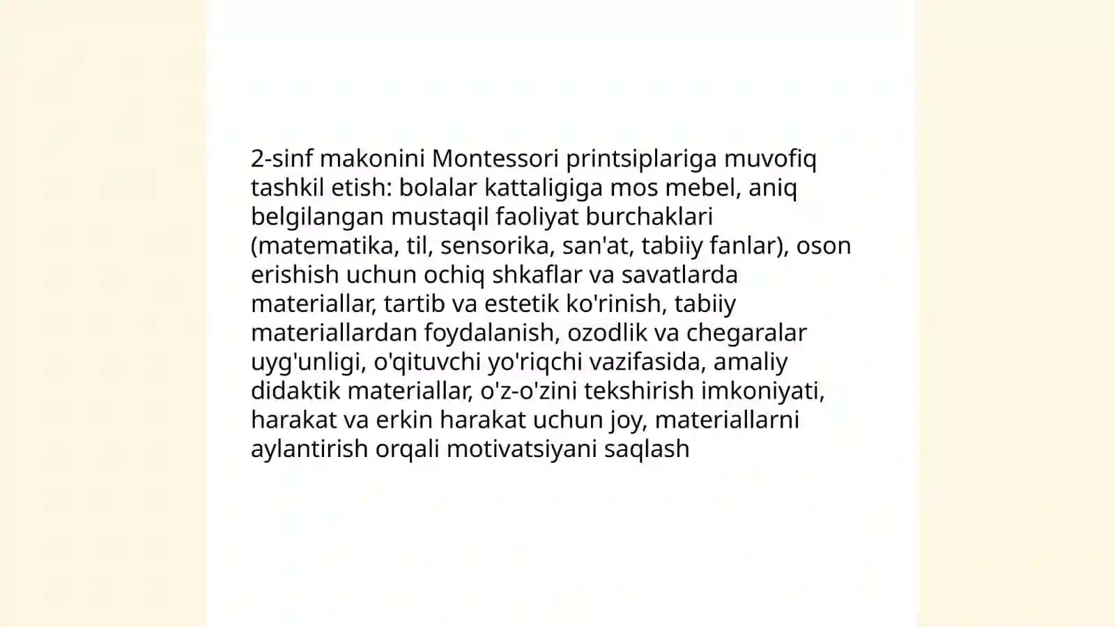 Slayd-taqdimoti Mariya Montessori ta'lim tizimi asosida mustaqil faoliyat burchaklarini tashkil etish 4