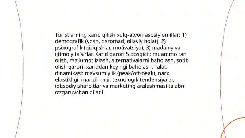 Turizmda marketing va savdo moduli: asosiy komponentlarni tahlil qilish 4