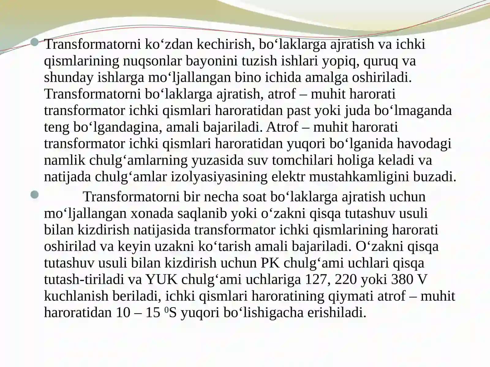 Konchilik korxonalaridagi transformatorlarni ishlatish ta’mirlash va ularga texnik xizmat ko’rsatish 4