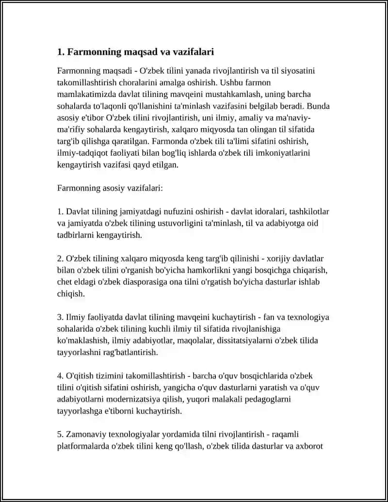 O'ZBEKISTON RESPUBLIKASI PREZIDENTINING "MAMLAKATIMIZDA O'ZBEK TILINI YANADA RIVOJLANTIRISH VA TIL SIYOSATINI TAKOMILLASHTIRISH CHORA-TADBIRLARI TO'G'RISIDA"GI FARMONI 4