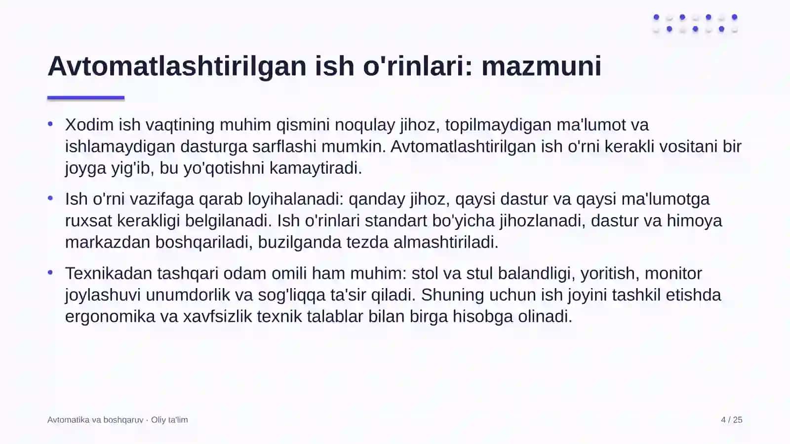 Avtomatika va boshqaruv · Oliy ta'lim 4