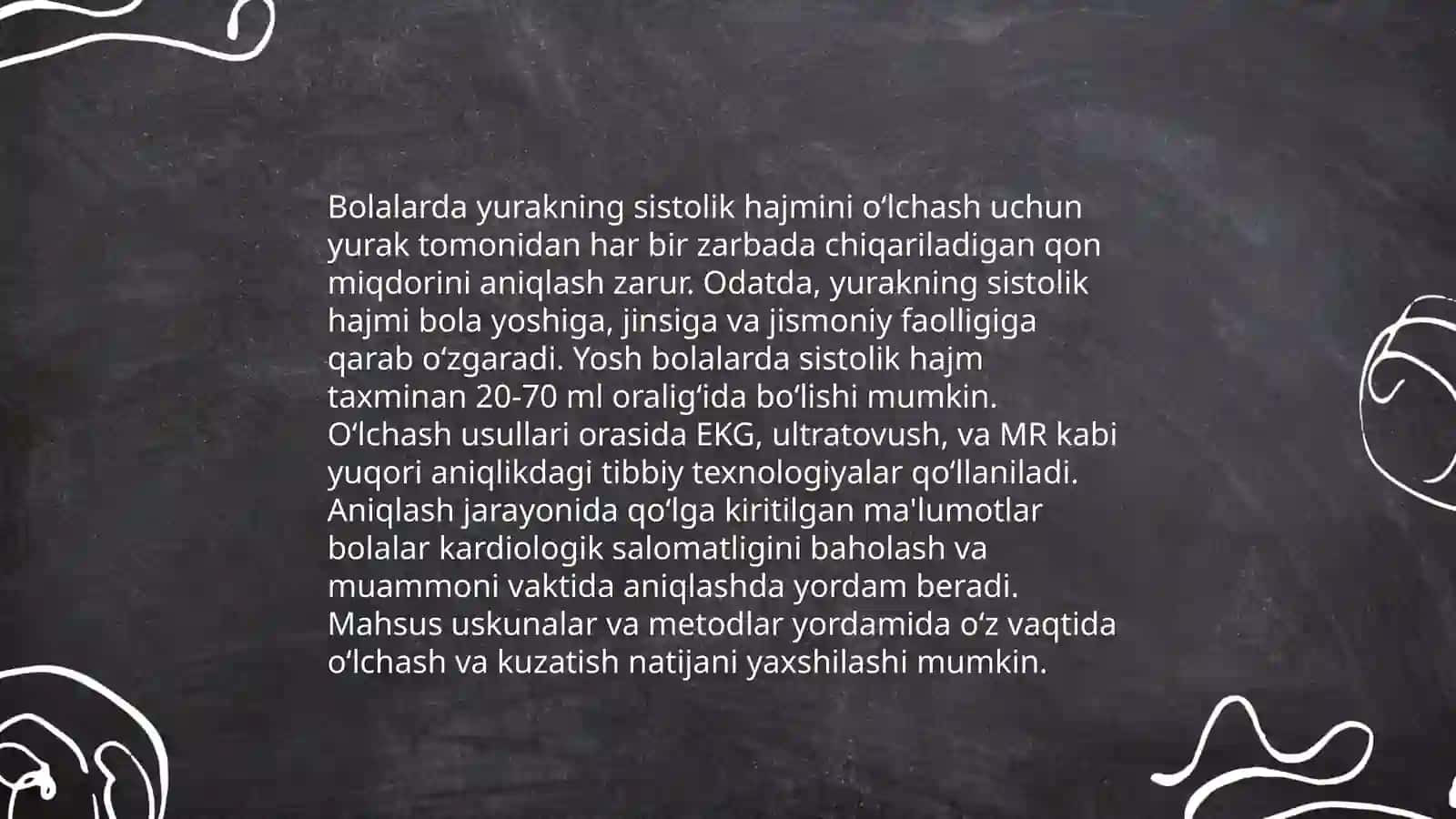 Turli yoshdagi bolalarda me’yorda va jismoniy ishdan keyingi yurak chastotasi aniqlanib,yurakning sistolik va minutlik hajmini aniqlash 4